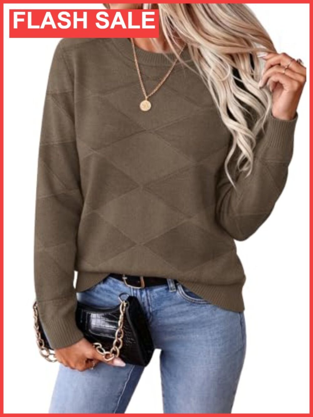 Women's Crewneck Knit Sweater Long Sleeve Diamond Pullover Fall Top